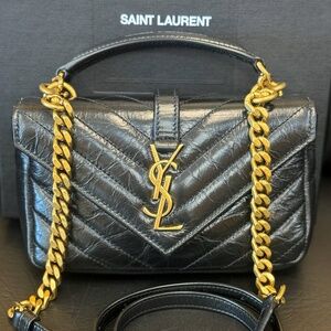 YSL SAINT LAURENT COLLEGE MINI CHAIN BAG IN SHINY CRACKLED LEATHER BLACK